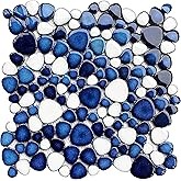 Primoon Pebble Ceramic Tiles 5 Sheets, Heart-Shaped 12x12 Floor Tile Ceramic, Dark Blue Mosaic Tiles Mesh Mounted, Waterproof