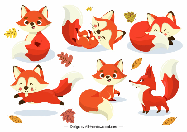 fox icons cute cartoon sketch dynamic gestures 