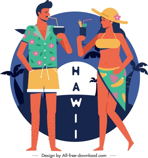 hawaii banner tourist enjoy cocktail icon cartoon design 