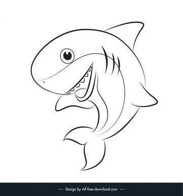 baby shark icon black white flat handdrawn cartoon sketch