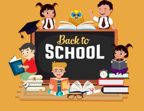 back to school banner school children books icons