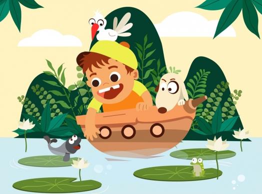 childhood painting boy ship fish icons cartoon design