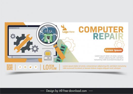 computer repair banner template modern flat magnifier gears wrench 