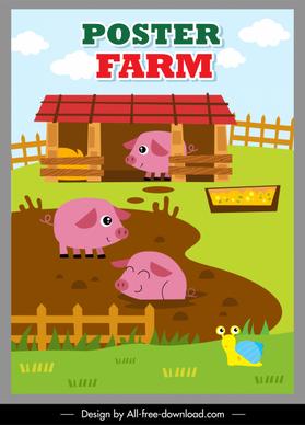 farming poster joyful pigs sketch cute cartoon design