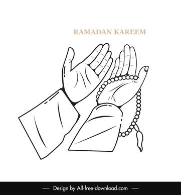 islam praying hands icons black white flat handdrawn outline  