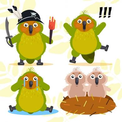 parrots icons cute stylized cartoon design