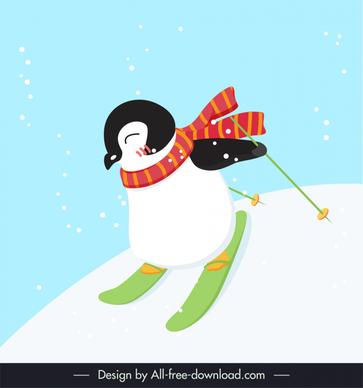  penguin skiing icon cute cartoon sketch