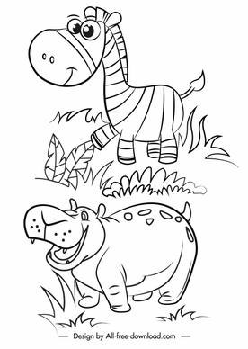 wild animals icons horse hippo cartoon sketch