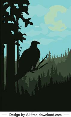 wild forest scene painting dark silhouette eagle sketch