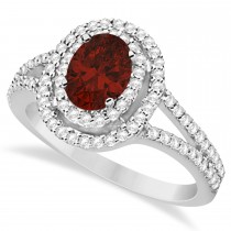 Double Halo Diamond & Garnet Engagement Ring 14K White Gold 1.34ctw