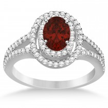 Double Halo Diamond & Garnet Engagement Ring 14K White Gold 1.34ctw