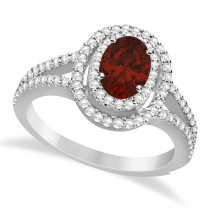 Double Halo Diamond & Garnet Engagement Ring 14K White Gold 1.34ctw