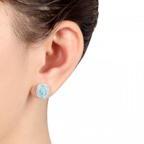 Oval Aquamarine & Halo Diamond Stud Earrings 14k White Gold 3.92ct