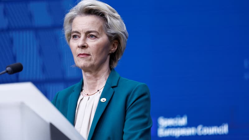 La présidente de la Commission européenne Ursula von der Leyen en conférence de presse au Conseil européenne, à Bruxelles, le 18 avril 2024