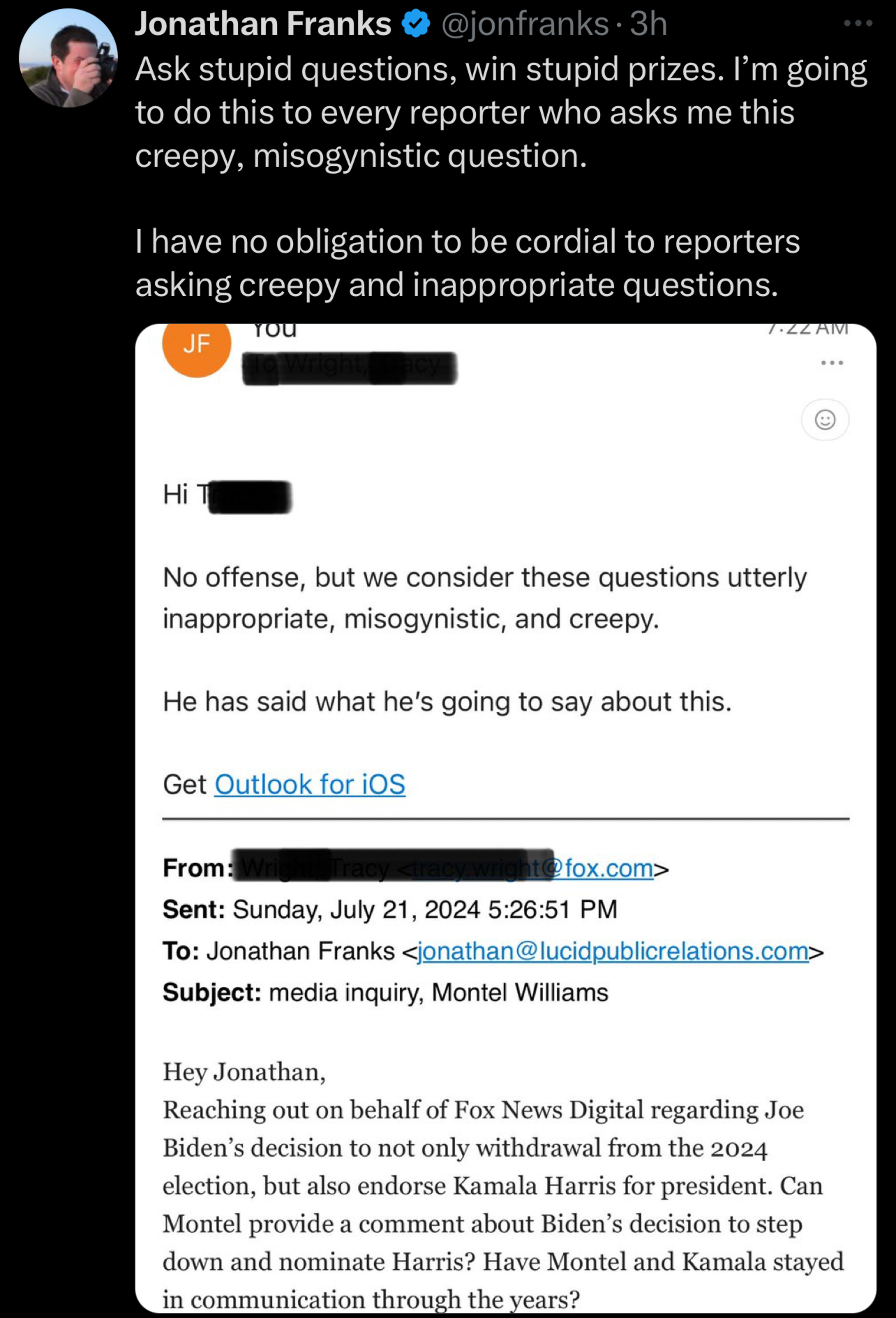 Jonathan Franks tweets about handling inappropriate media questions. He shares an email from a reporter asking for comment on leadership disputes