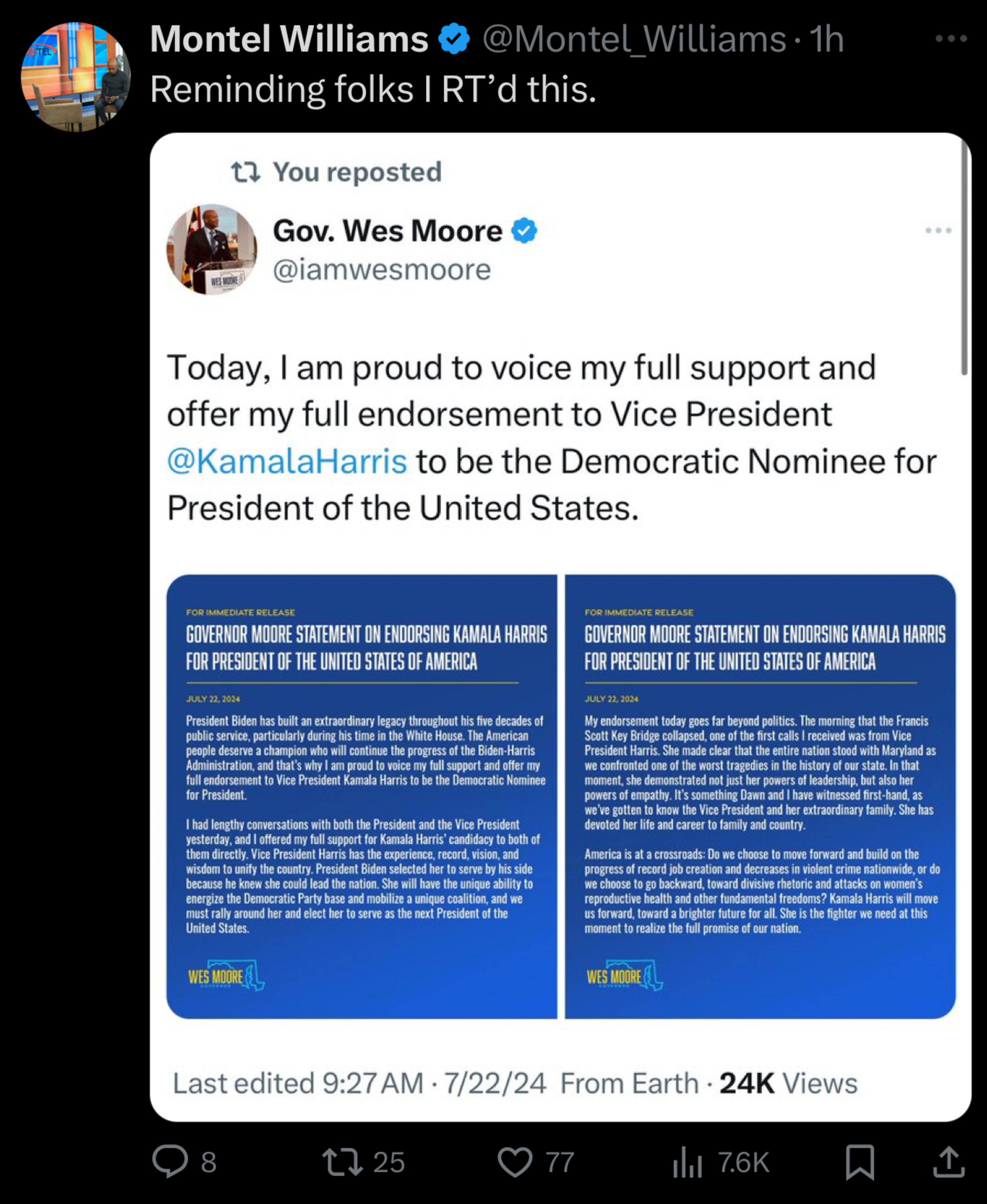 Twitter post by Montel Williams sharing a tweet from Gov. Wes Moore endorsing Kamala Harris for President of the United States. Text with endorsement details