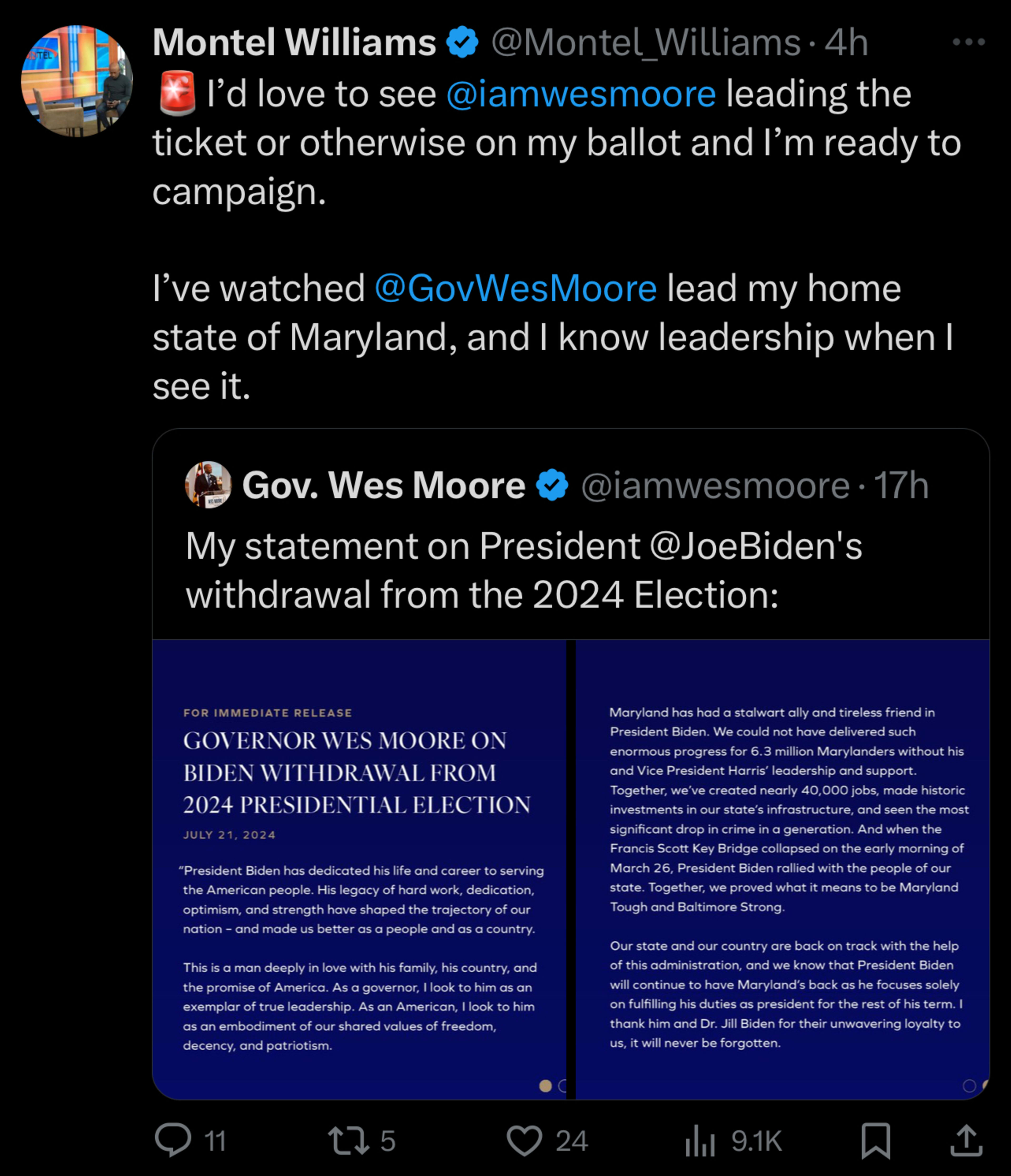 Tweet from Montel Williams supporting Gov. Wes Moore for the 2024 Presidential election, including a screenshot of Moore's statement on President Biden's withdrawal