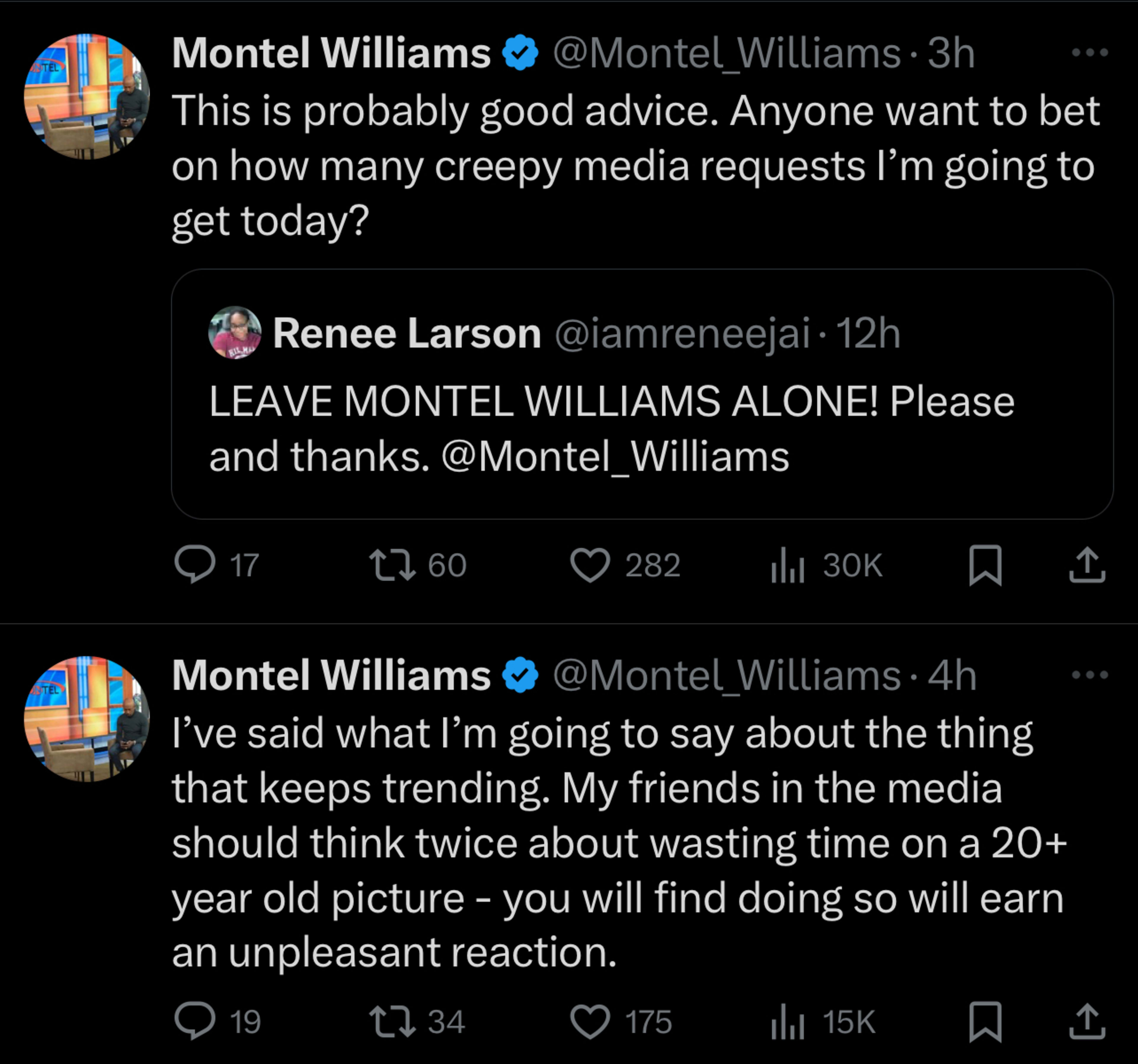 Tweets from Montel Williams and Renee Larson discussing media harassment of Montel Williams, emphasizing the inappropriateness of using old photos for media stories