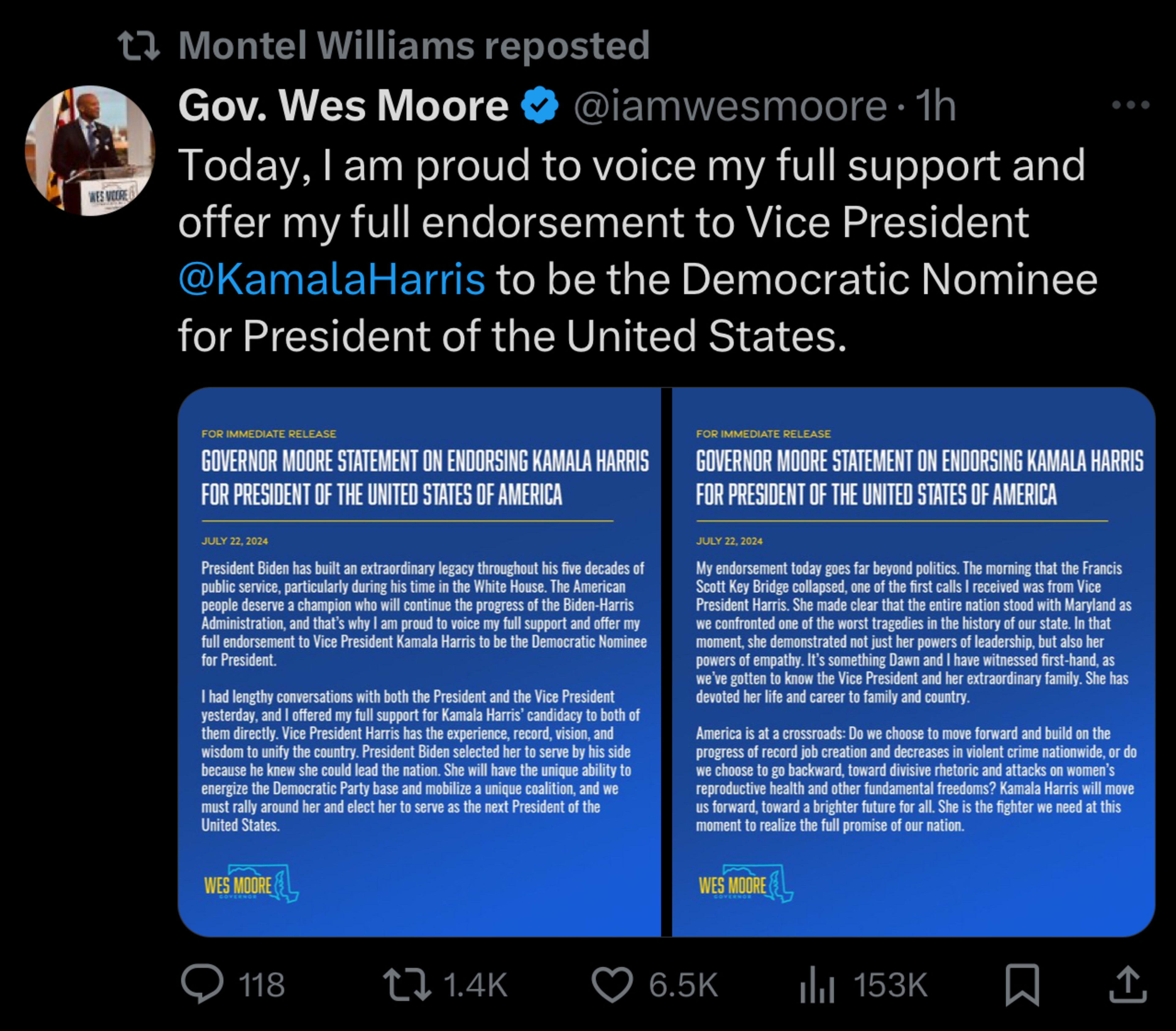 Gov. Wes Moore tweets support for Kamala Harris as the Democratic Nominee for U.S. President. Text outlines reasons for support. Montel Williams reposts