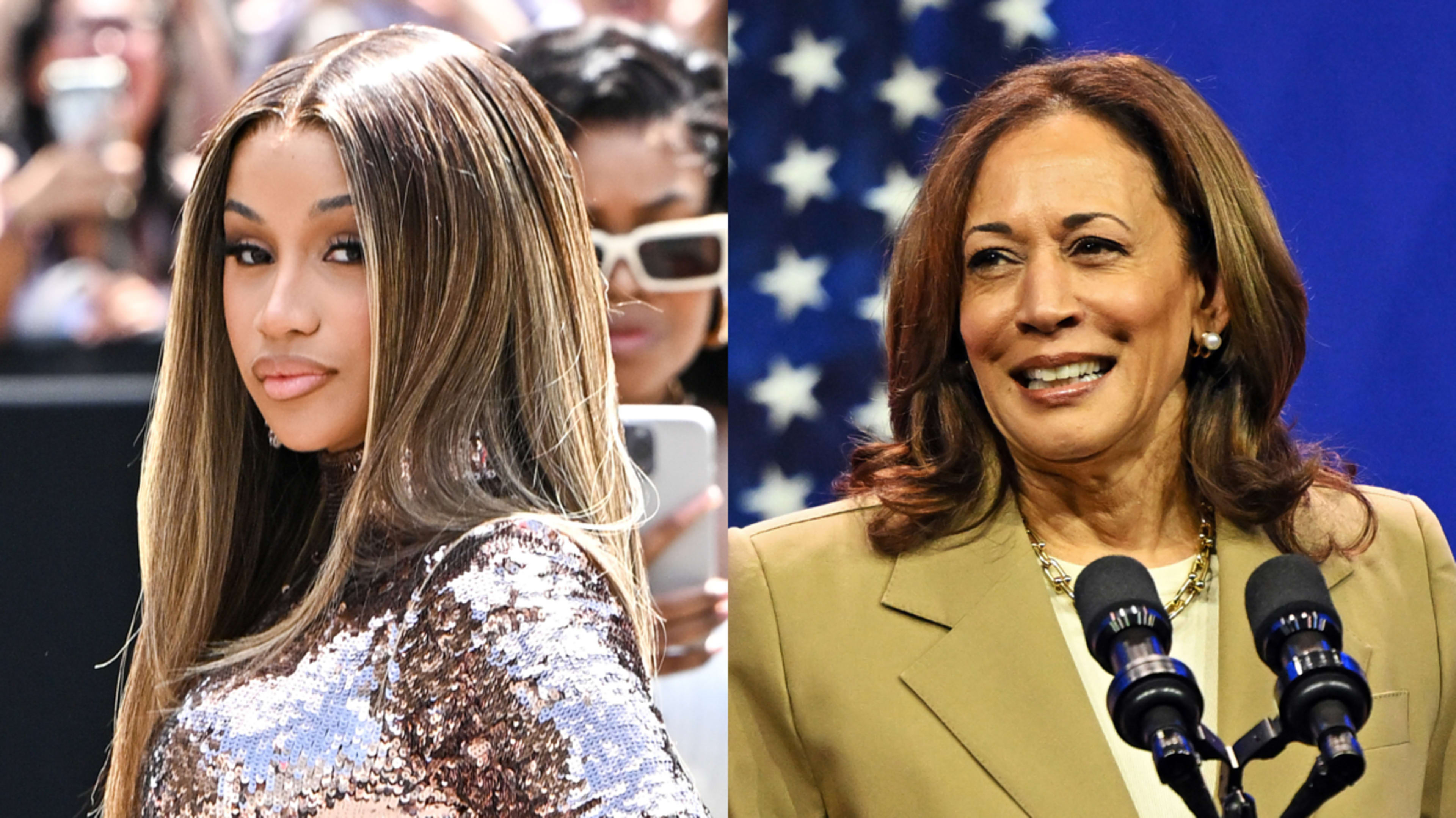 Cardi B and Kamala Harris at a public event. Cardi B is in a sequin outfit, and Kamala Harris is speaking at a podium with microphones