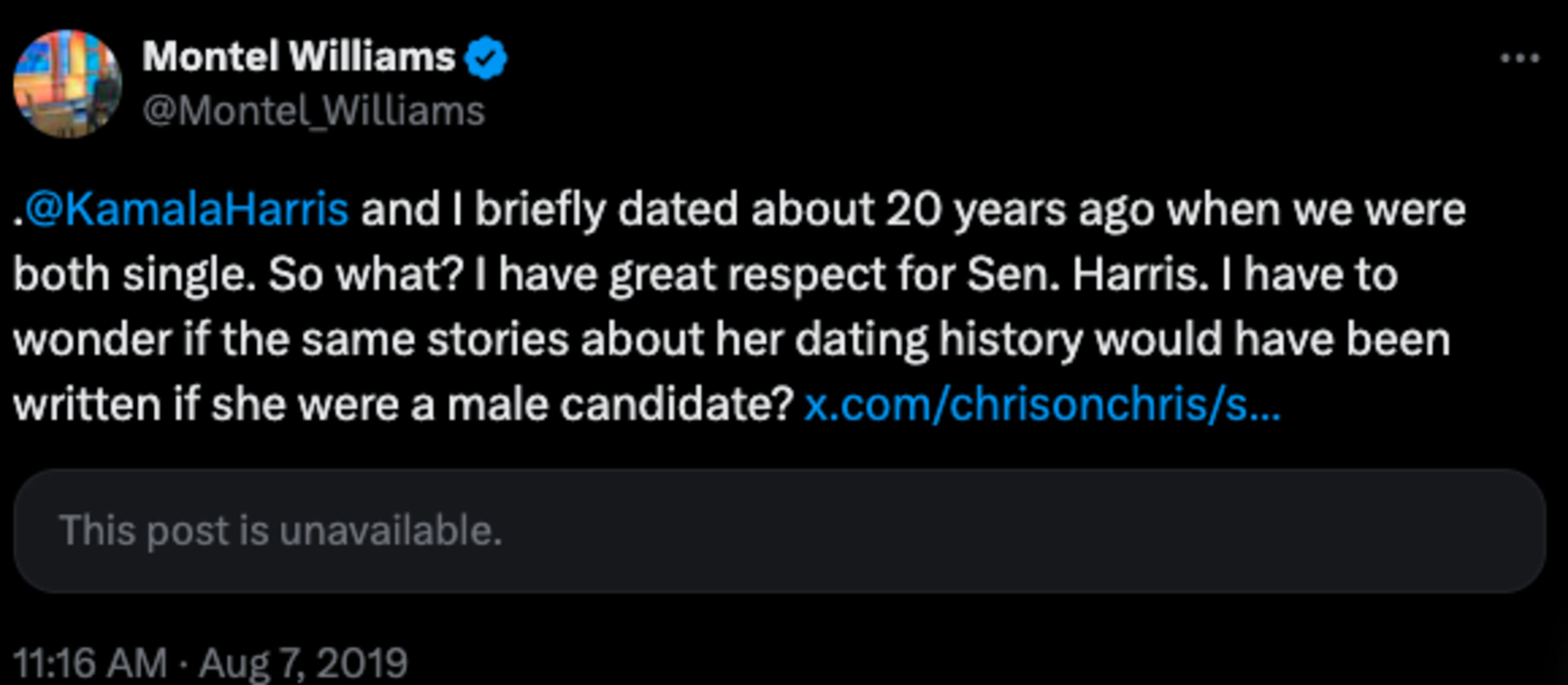 Montel Williams tweets about dating Kamala Harris 20 years ago, expressing respect and questioning if similar stories would be written about a male candidate