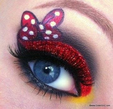 This makeup look is inspired by Minnie Mouse. .  Free tutorial with pictures on how to create a glitter eye in 1 step by applying makeup with eyeshadow, eyeshadow, and glitter. Inspired by mickey & minnie mouse. How To posted by Cecilie O.  in the Beauty section Difficulty: 4/5. Cost: 3/5.