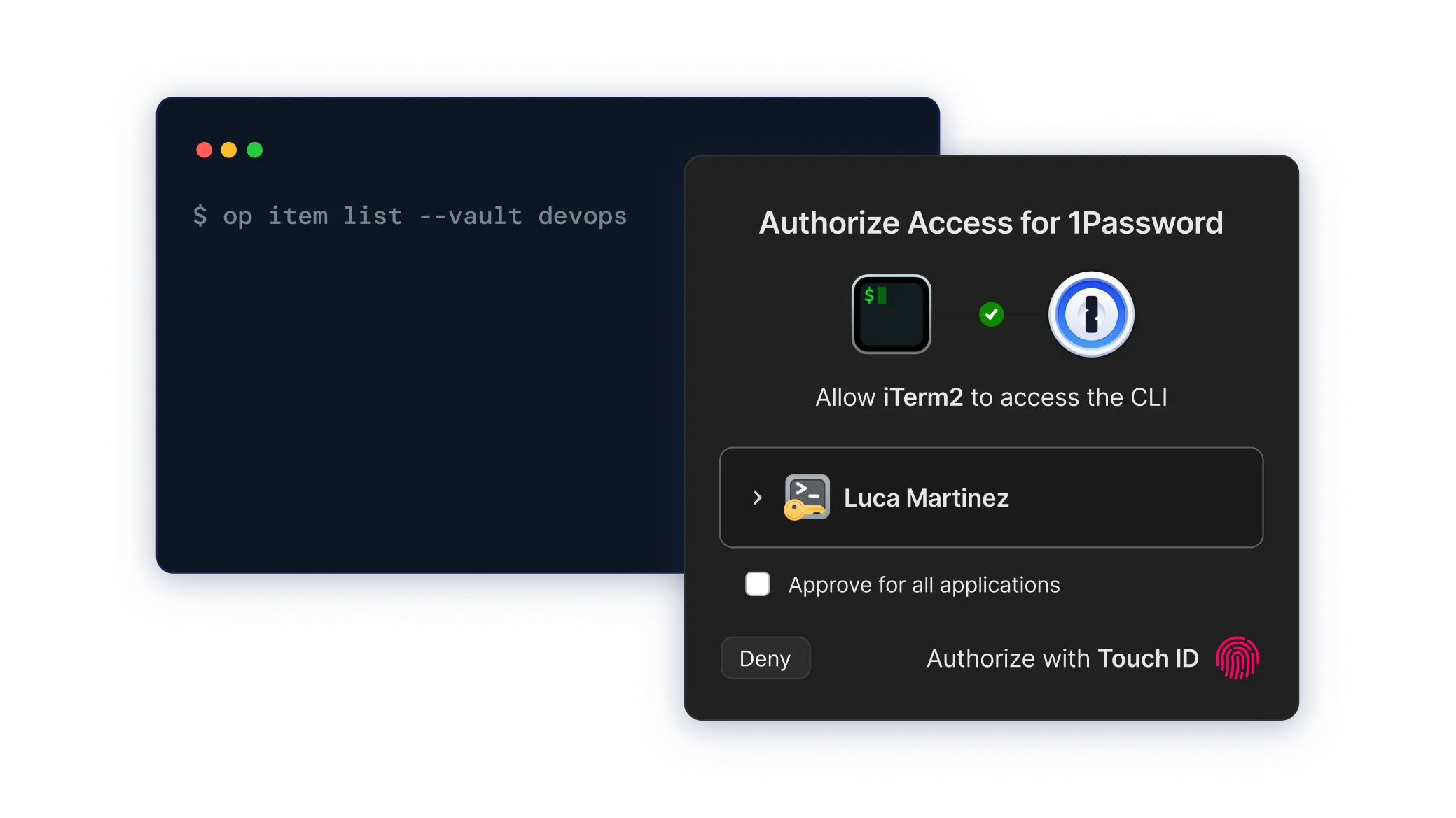 Command-line interface showing a command to list items in the 'devops' vault, alongside a 1Password authorization prompt for CLI access. The prompt displays Luca Martinez requesting access, with options to approve for all applications or authorize with Touch ID.