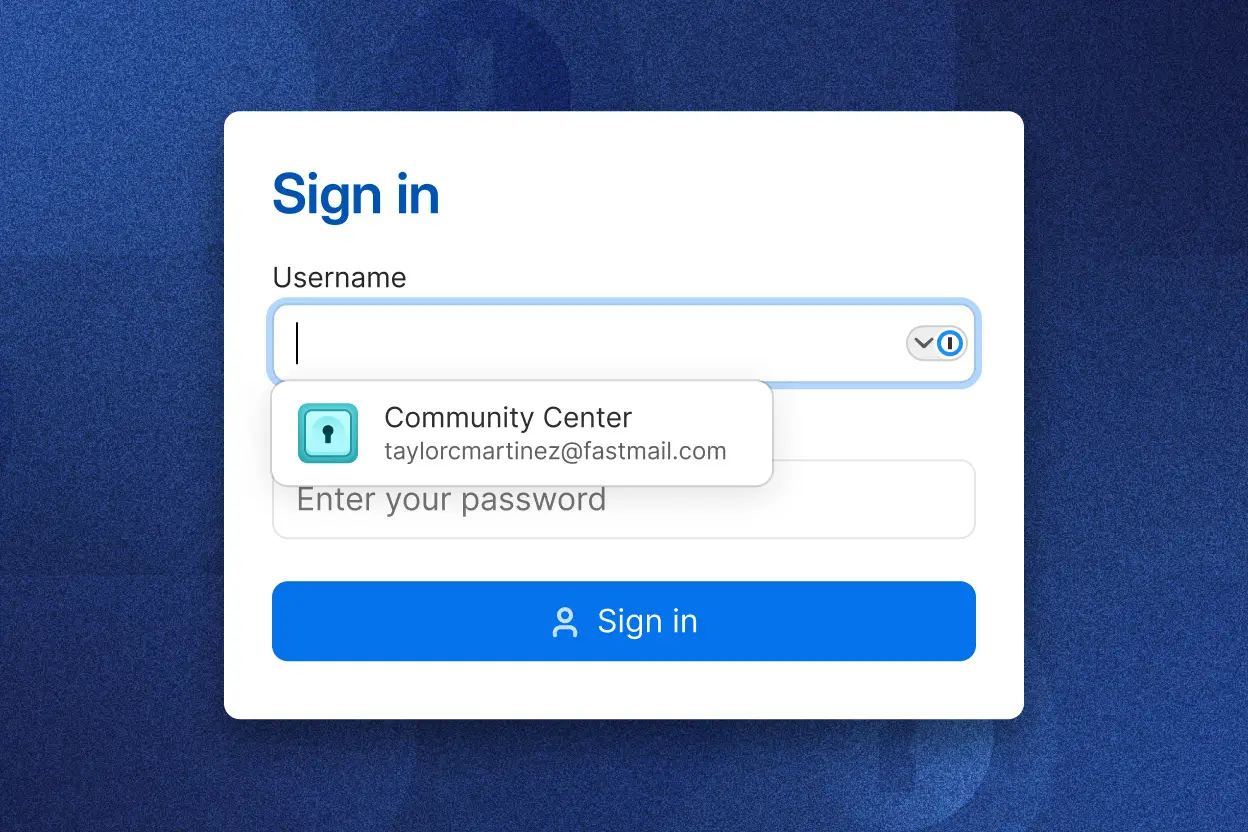 Sign-in page displaying fields for Username and Password. The username field is filled out and an autofill password suggestion from 1Password is shown in the dropdown in the password field. There is a 'Sign in' button following the password field.