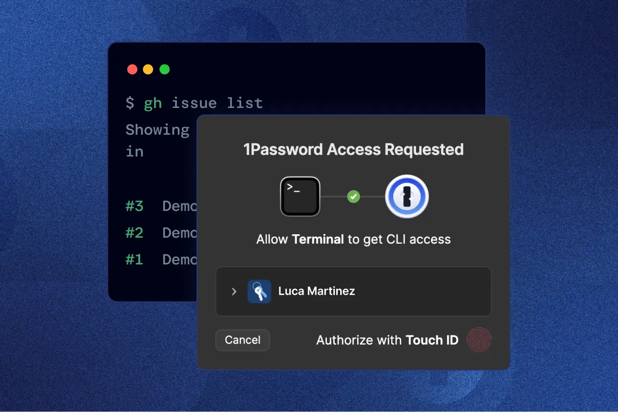 A 1Password pop-up window asking for biometric authenticaion to allow Terminal to access CLI.