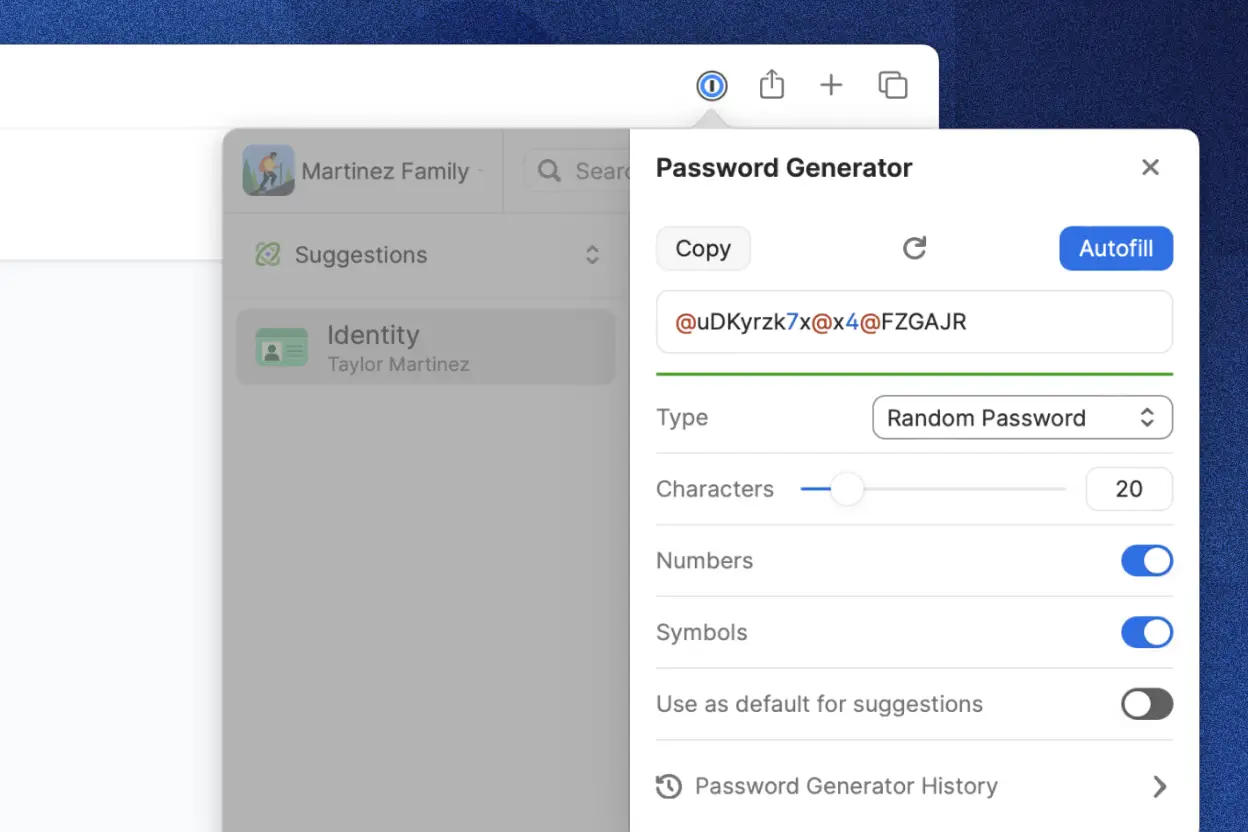 The built-in password generator tool in the 1Password app showing a generated a random password. There are options to copy the password and to autofill it.