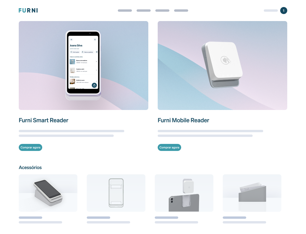 Layout estilizado de produtos mostrando dois dispositivos e 4 acessórios