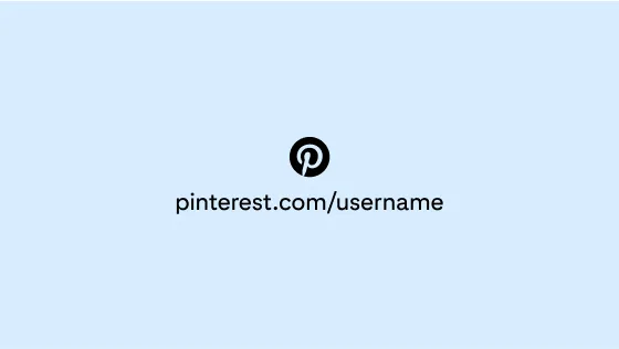 The Pinterest logo in light blue and circled in black, centered with a sample account URL against a light blue background