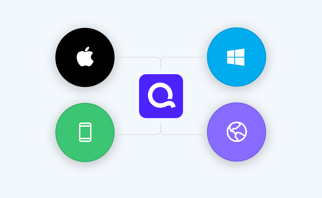 Quicken Q logo connected via line mapping to apple logo, windows logo, mobile icon, and globe icon