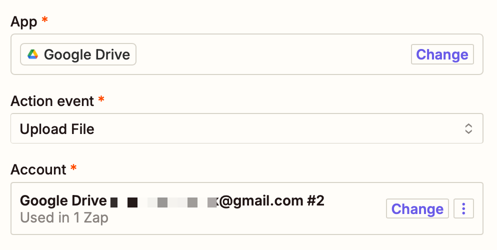 Google Drive selected for the action app and Upload File selected for the action event.