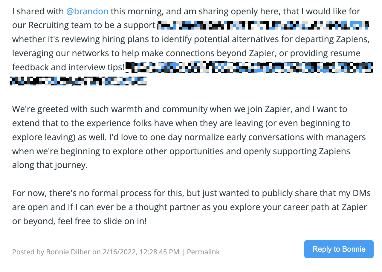 Bonnie's internal post that sparked the idea to start Zapier's "Next Play" program