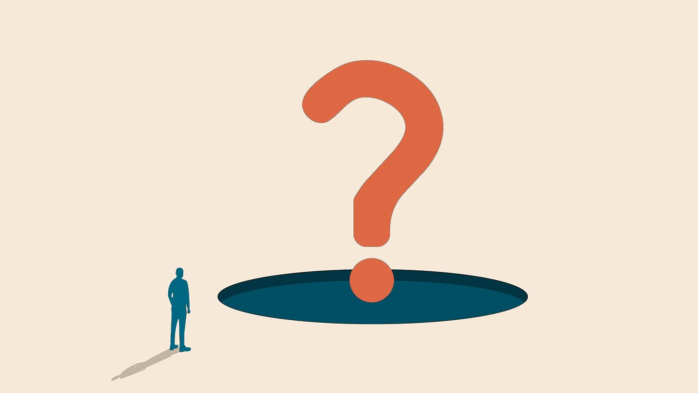 an illustration of a man looking at a large, looming, question mark