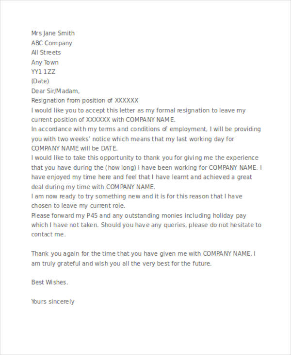 Free Formal Two Weeks Notice Letter