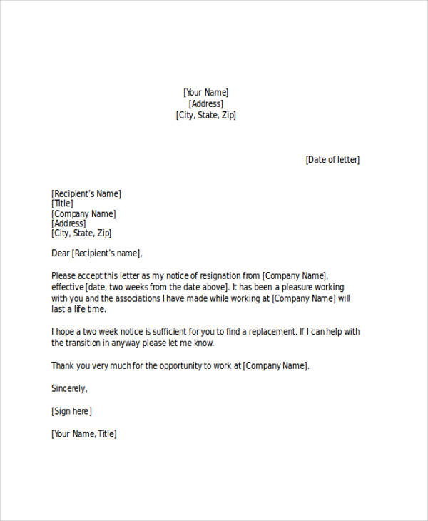 Free Two Weeks Notice Letter