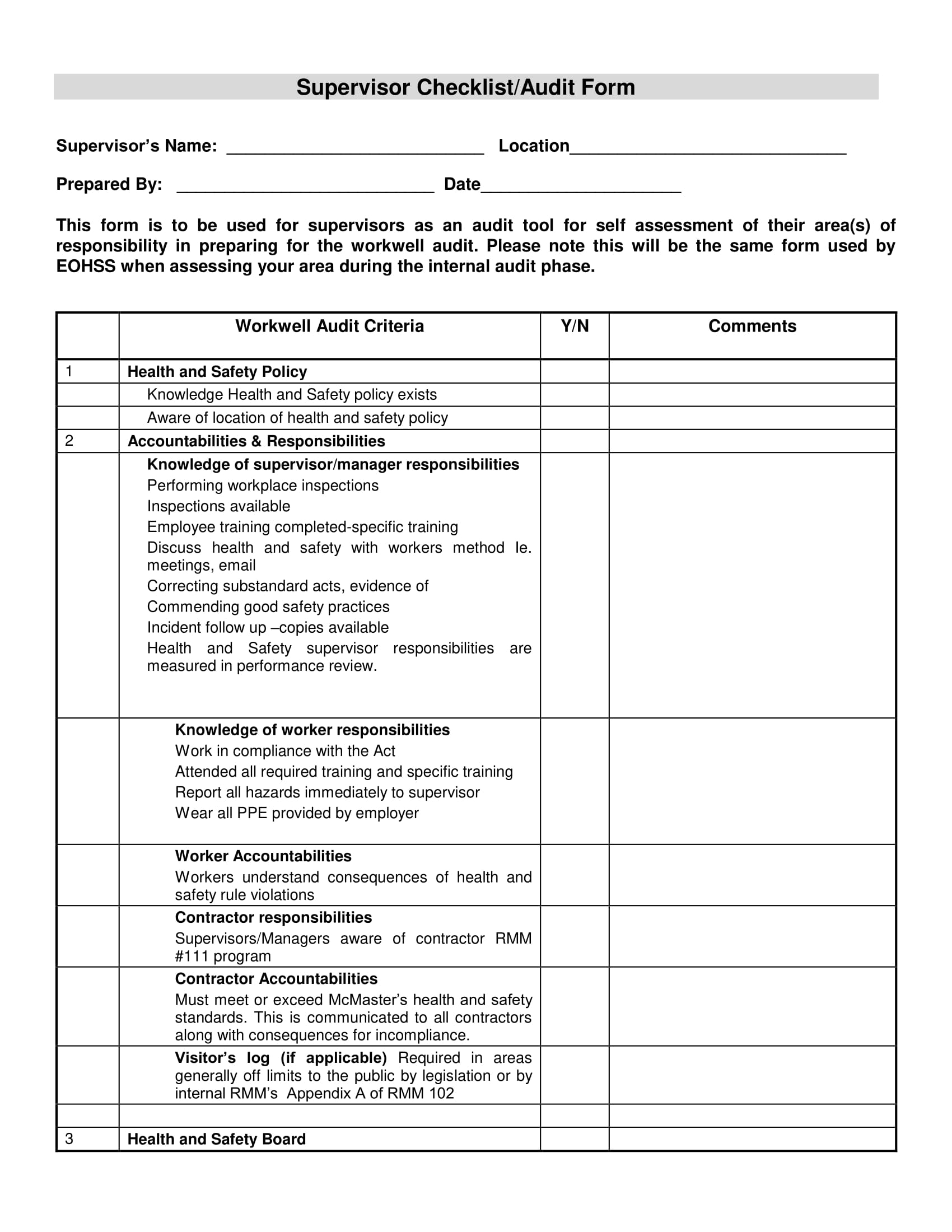 Printable Supervision Template