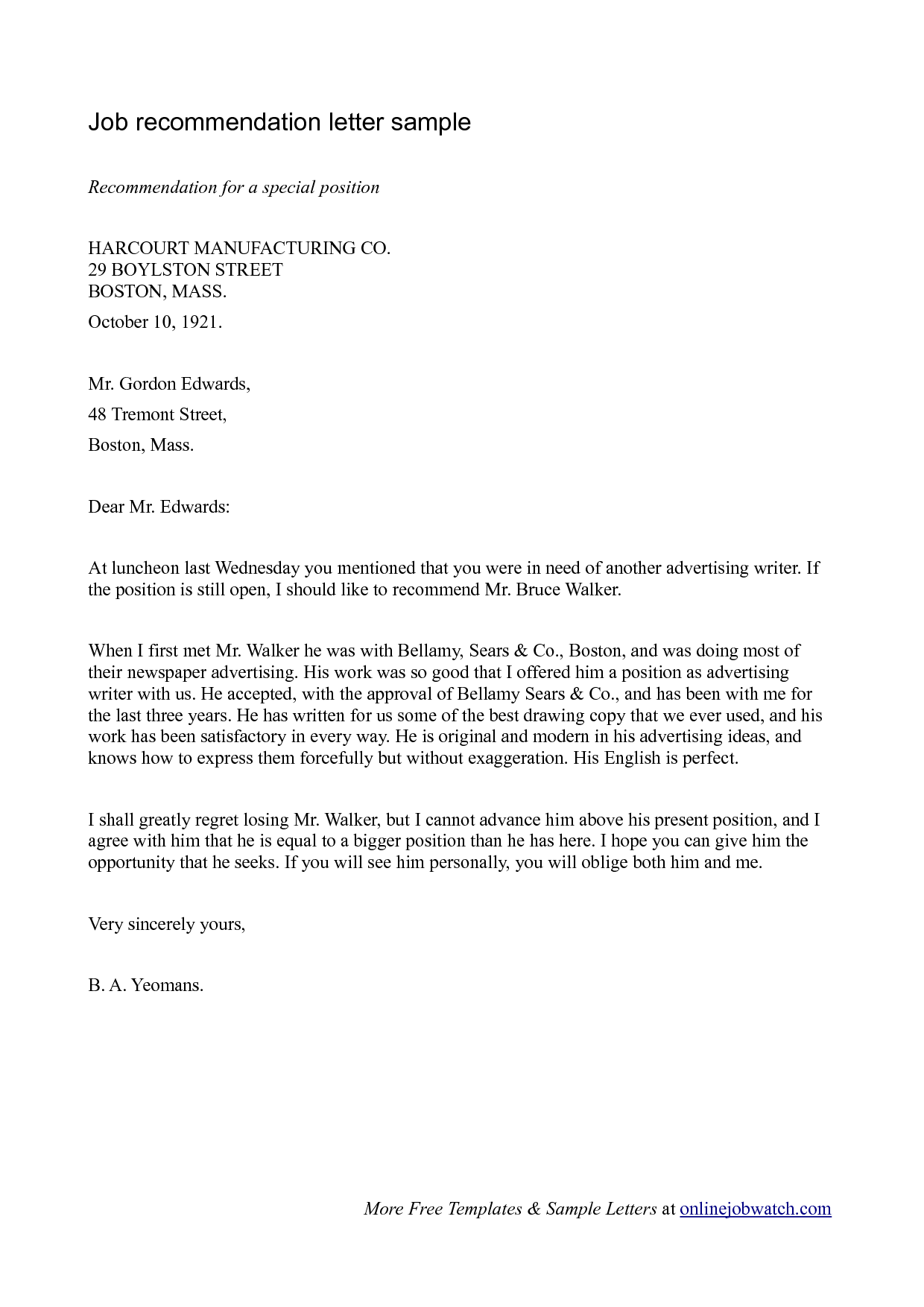 Template For Recommendation Letter For Employment