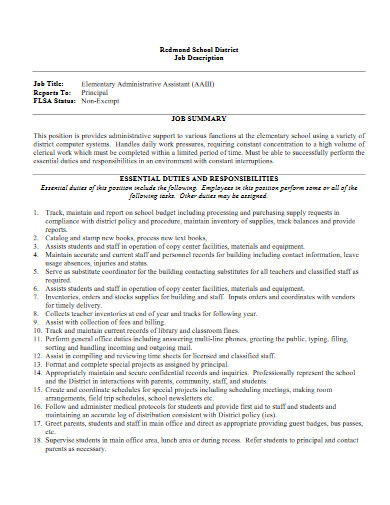 Elementary Administrative Assistant Job Description