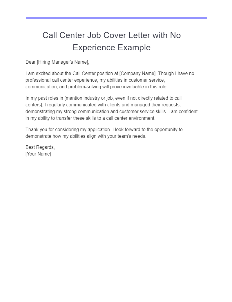 Call Center Job Cover Letter with No Experience Example