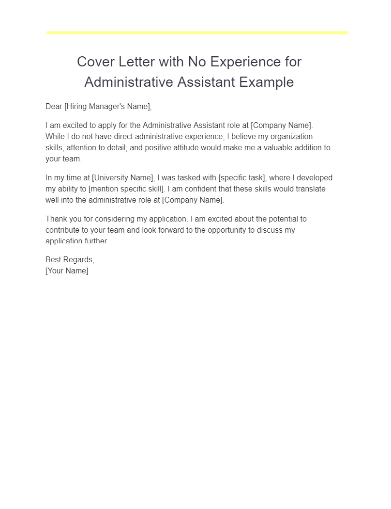 Cover Letter with No Experience for Administrative Assistant Example