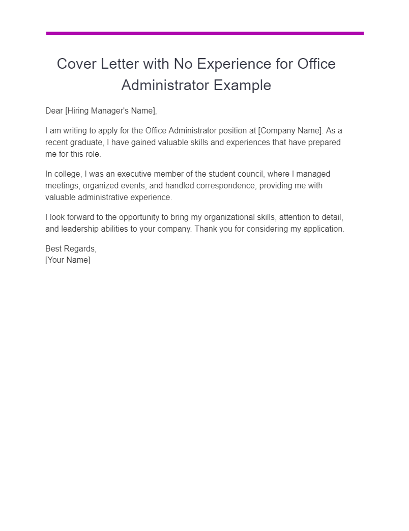 Cover Letter with No Experience for Office Administrator Example