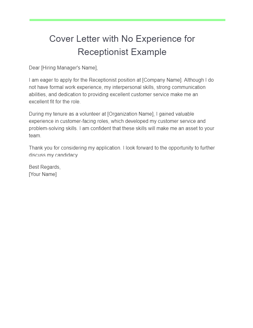 Cover Letter with No Experience for Receptionist Example