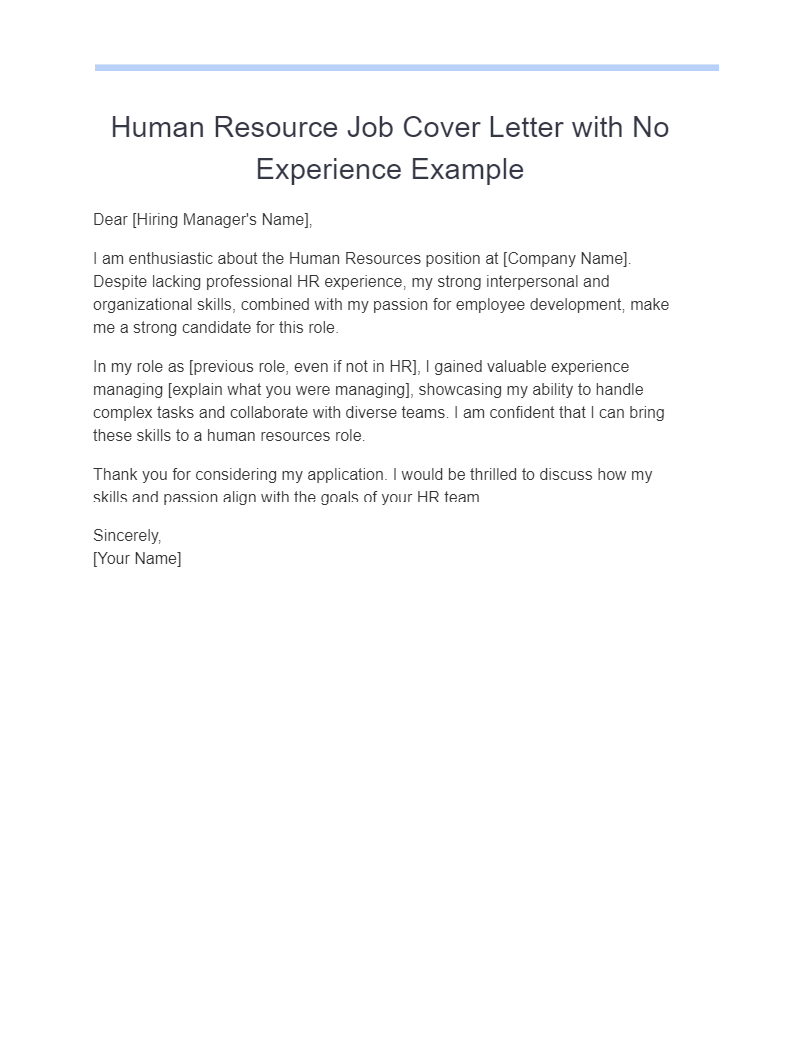 Human Resource Job Cover Letter with No Experience Example