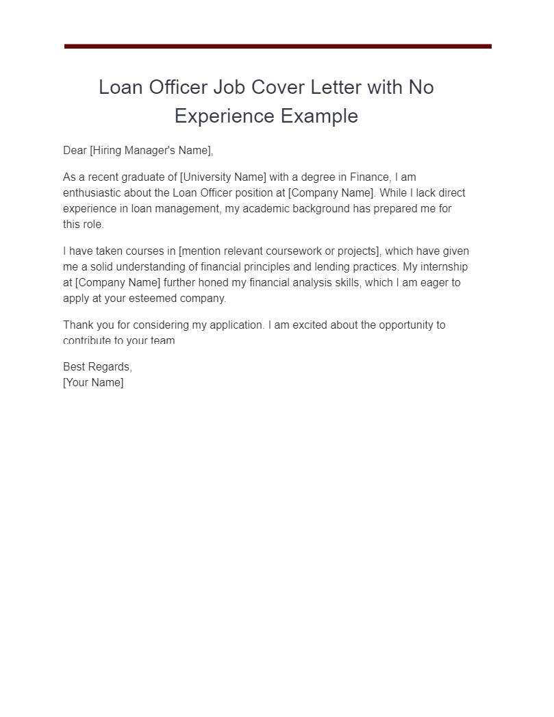 Loan Officer Job Cover Letter with No Experience Example