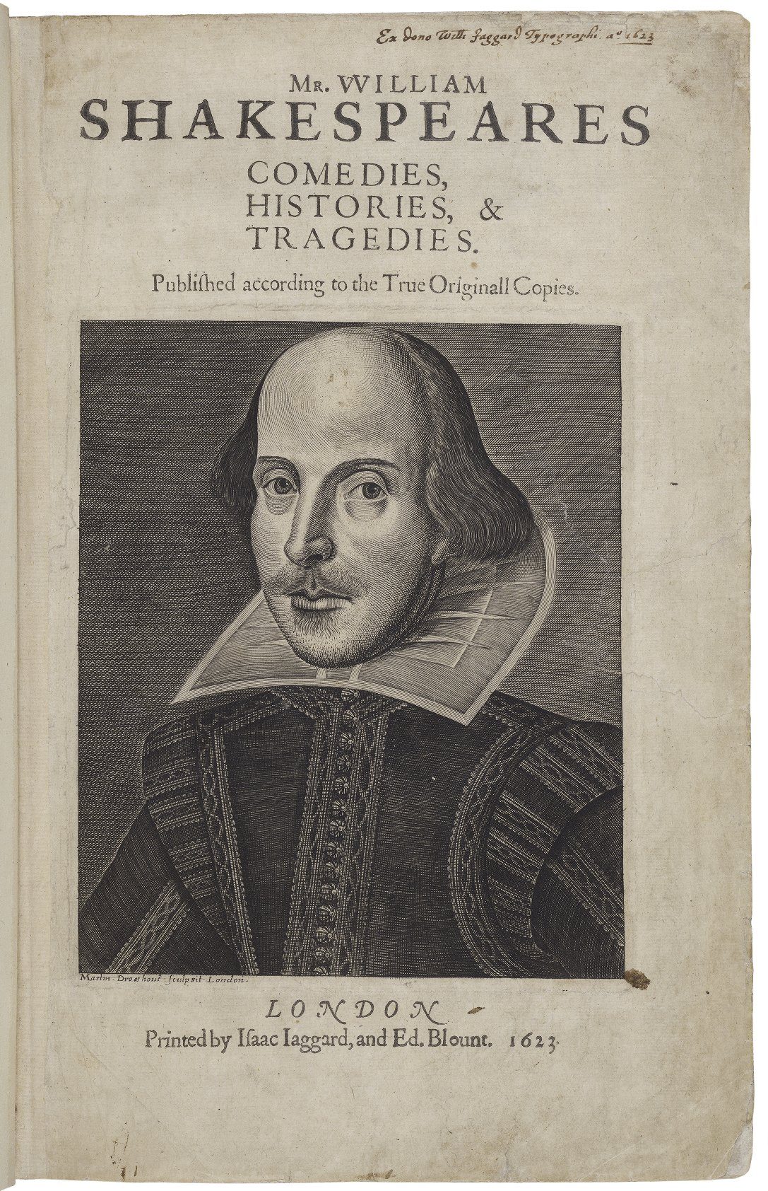 Title page with engraved portrait of Shakespeare in the middle. Text printed above it reads 