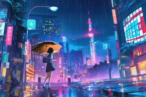 Anime Girl Short Hairs Crossing Street On Rainy Day (2048x2048) Resolution Wallpaper