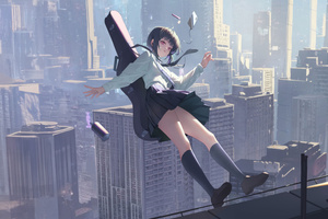 Anime School Girl With Guitar Falling From The Building (2560x1440) Resolution Wallpaper